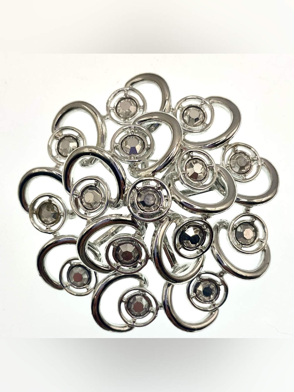 Vintage Sarah Coventry Rhinestone Swirl Brooch 2 3/4” Silver Tone Statement Pin